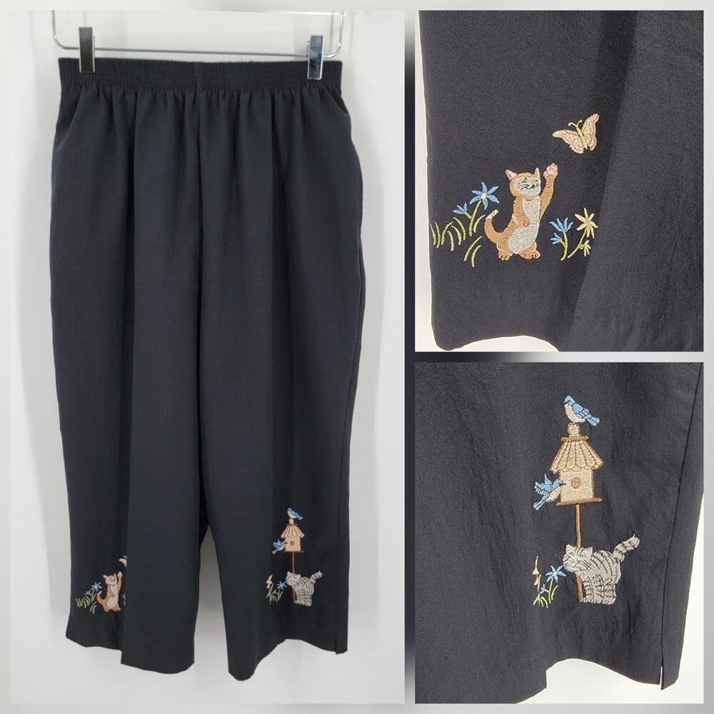 Bon Worth Capri Pants Womens Medium Black Embroidered Cats Birds Pull On Vintage